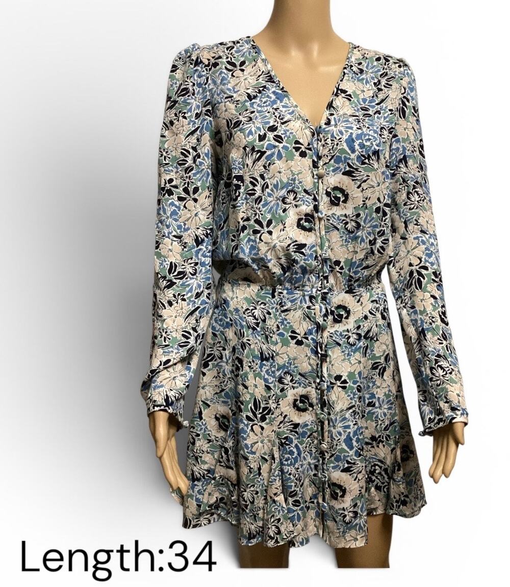 Veronica Beard Riggins Dress Floral Silk Blouson Mini V-Neck Blue Cream size 6